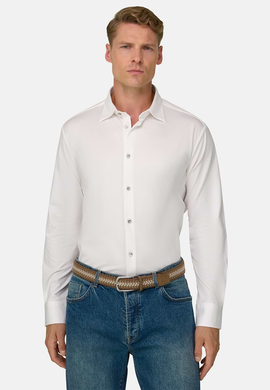 Polohemd aus Baumwolle und Seide Regular Fit, Weiß, hi-res