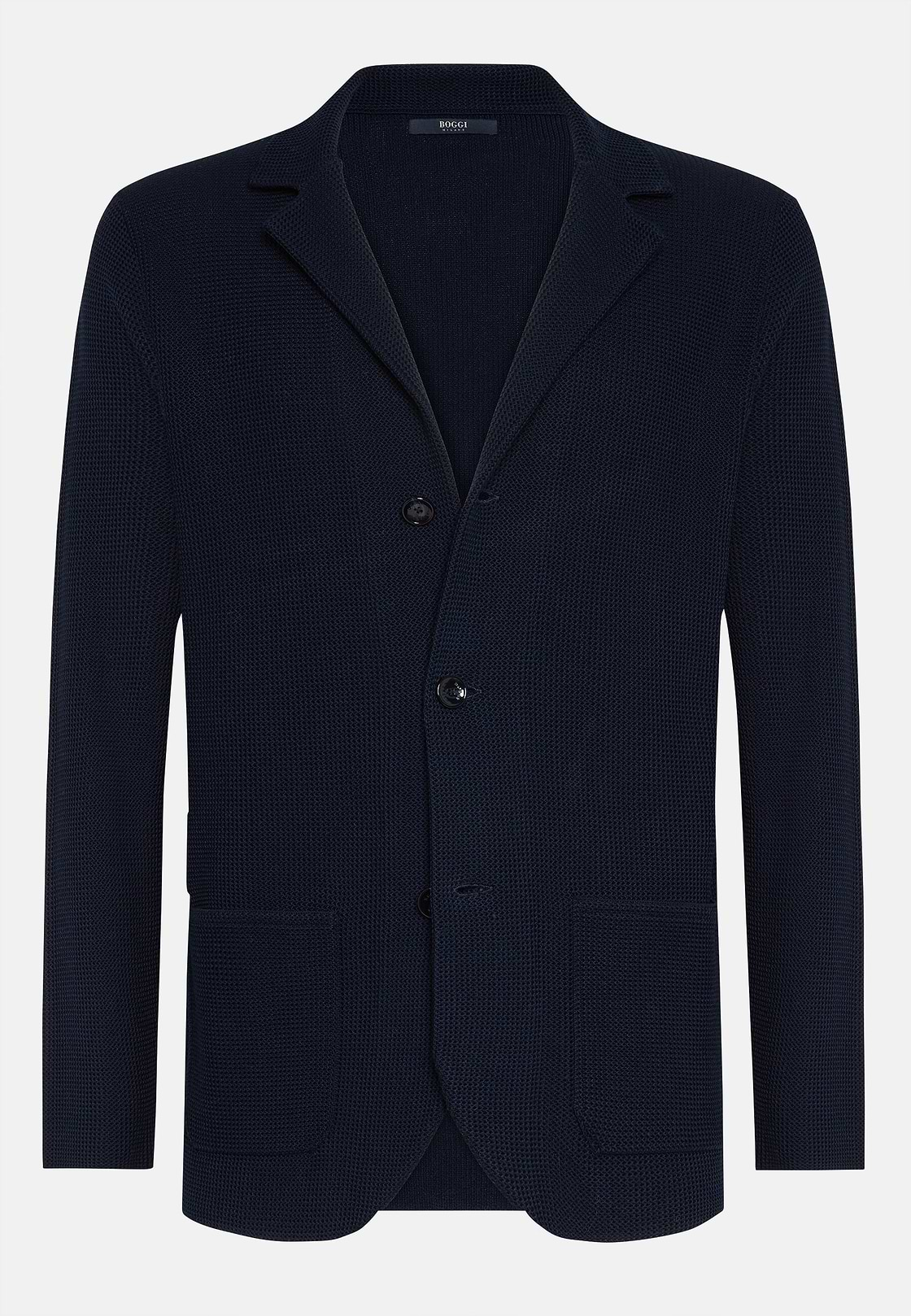 Donkerblauwe crêpe katoenen gebreide blazer met één rij knopen, Navy blue, hi-res