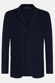 Donkerblauwe crêpe katoenen gebreide blazer met één rij knopen, Navy blue, hi-res