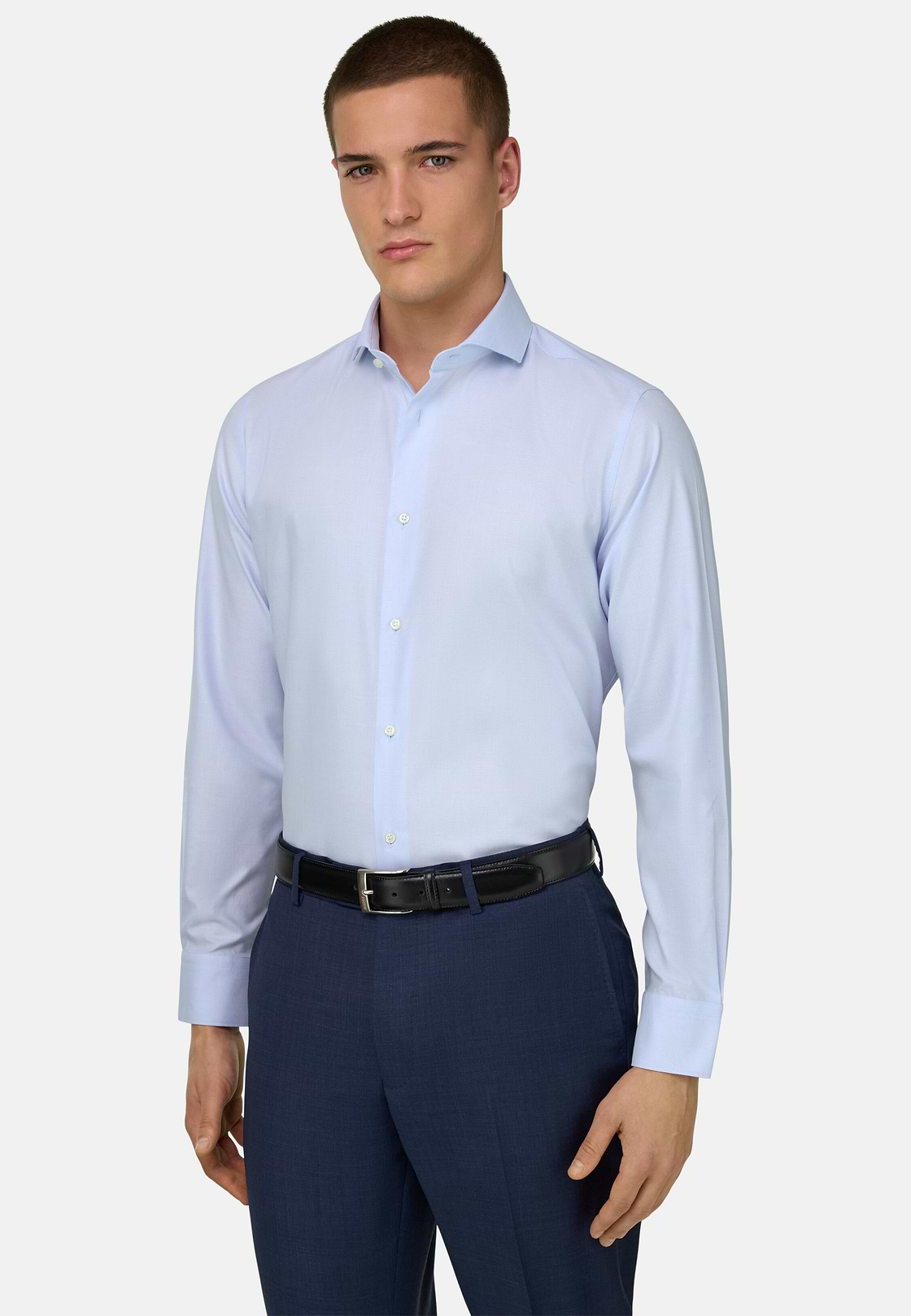 Camicia In Cotone Slim Fit, Azzurro, hi-res, 1