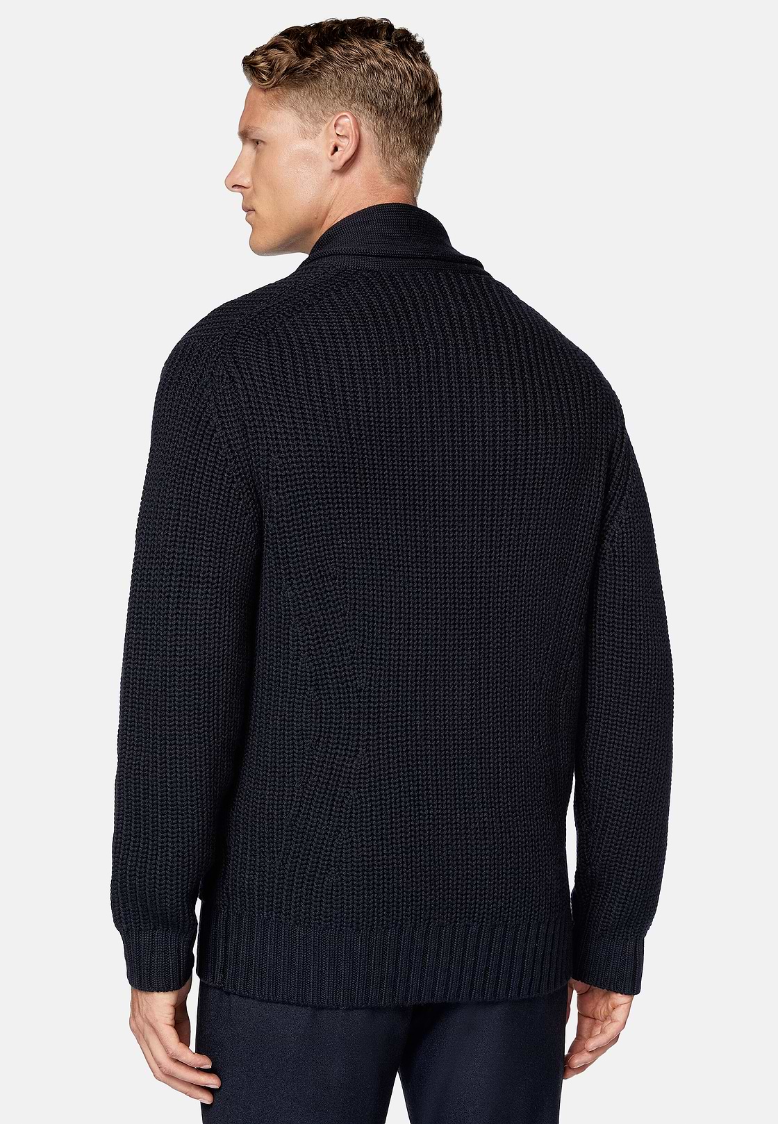 Navy Shawl Neck Cardigan In Merino Wool, Navy blue, hi-res