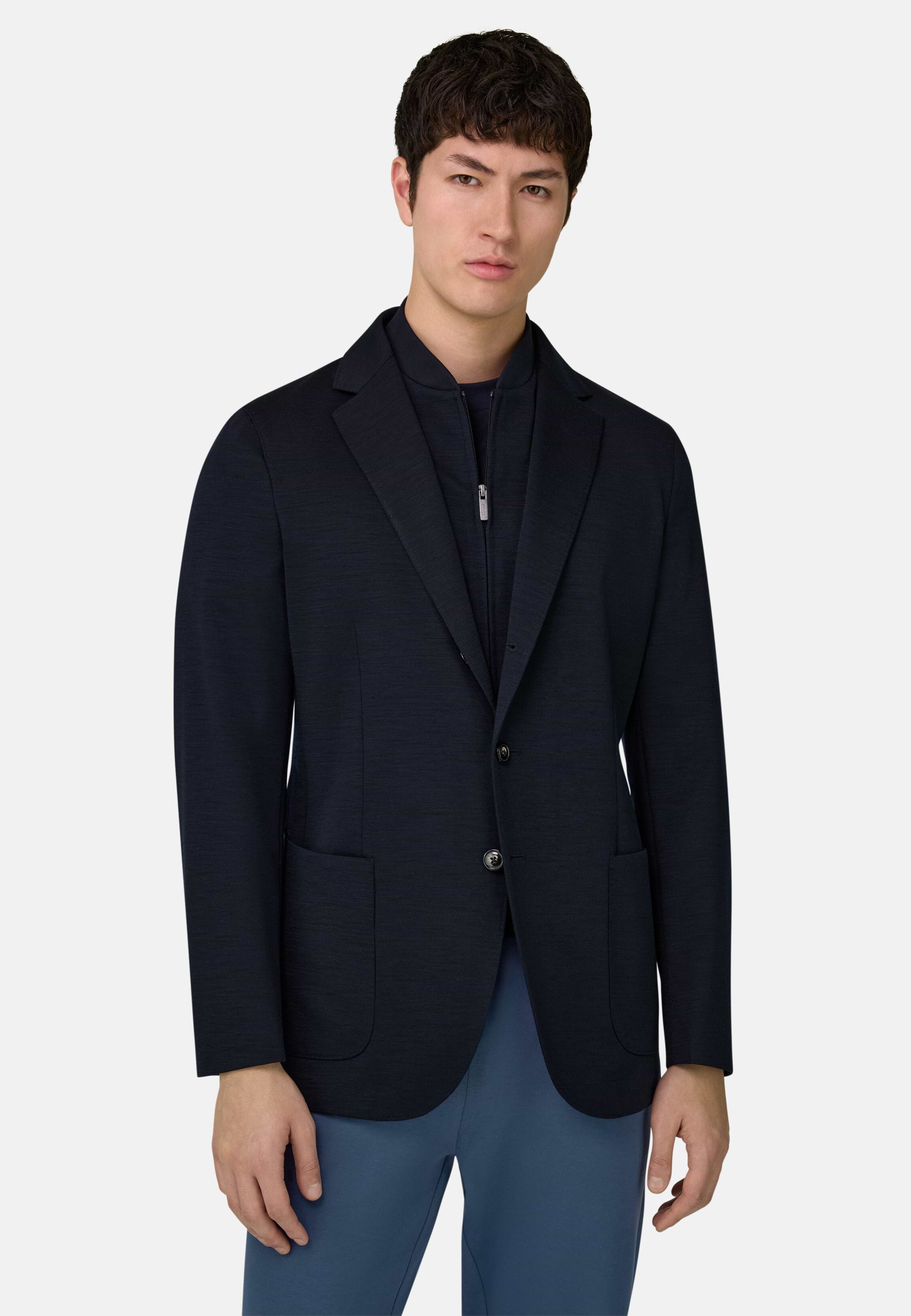 Men's Wool Blend Sweatshirt Jacket, Navy blue | Boggi Milano