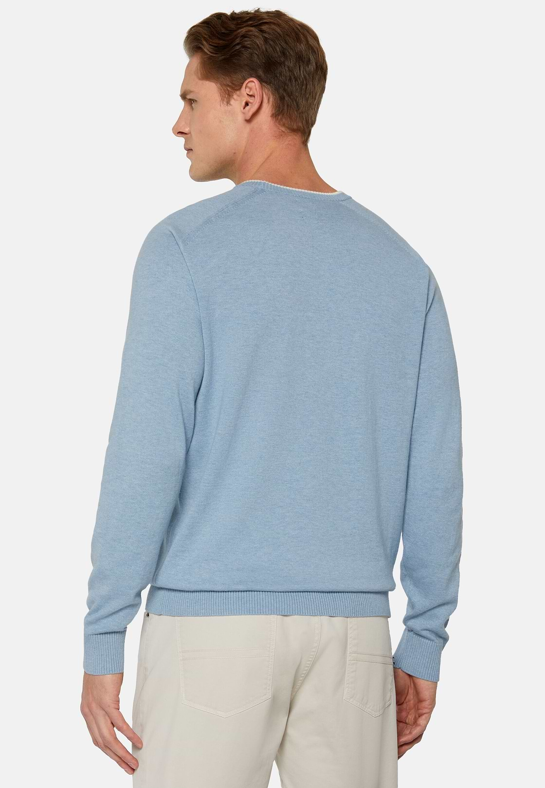 Sky Blue Crew Neck Jumper in Cotton, Silk and Cashmere, Light Blue, hi-res