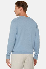 Sky Blue Crew Neck Jumper in Cotton, Silk and Cashmere, Light Blue, hi-res