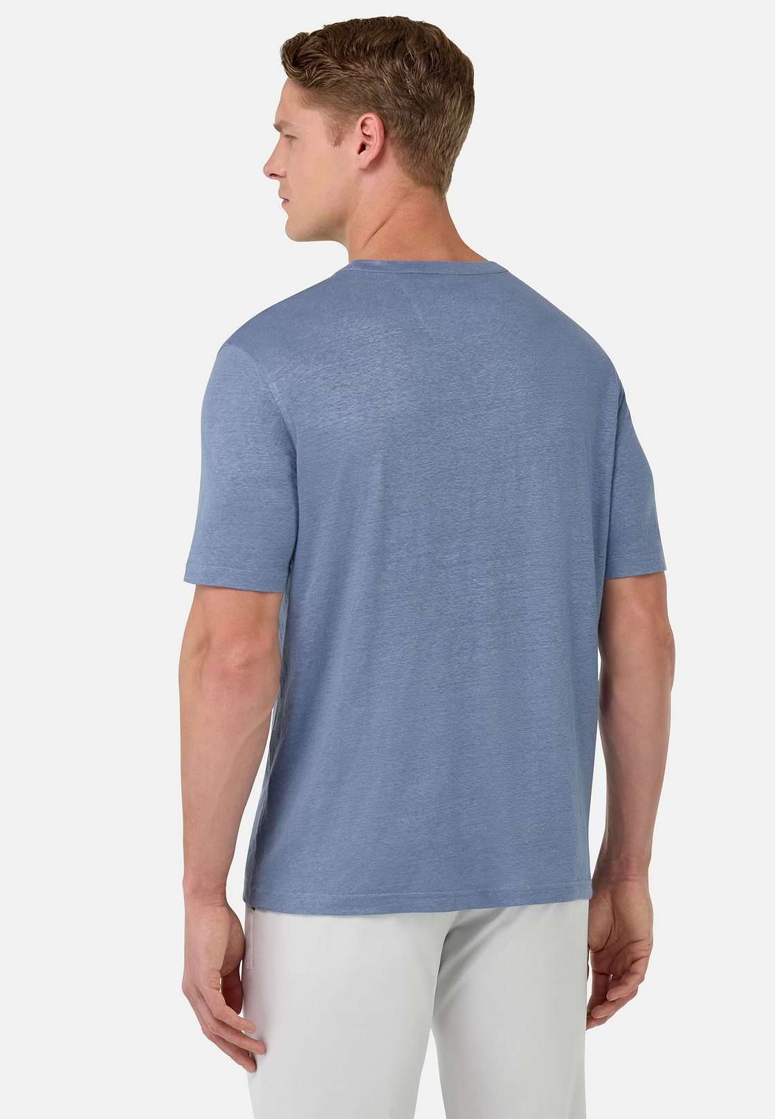 T-Shirt in Stretch Linen Jersey, Indigo, hi-res