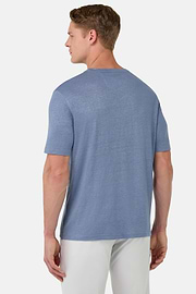 T-Shirt in Stretch Linen Jersey, Indigo, hi-res