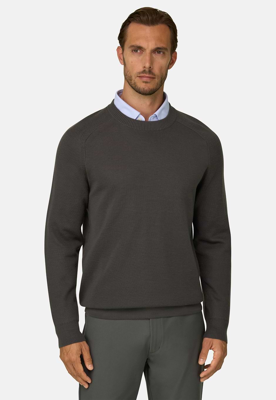 Jersey de cuello redondo en mezcla lana merino WOOLTECH, Verde militar, hi-res