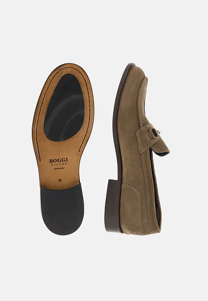 Suede Leather Loafers, Taupe, hi-res