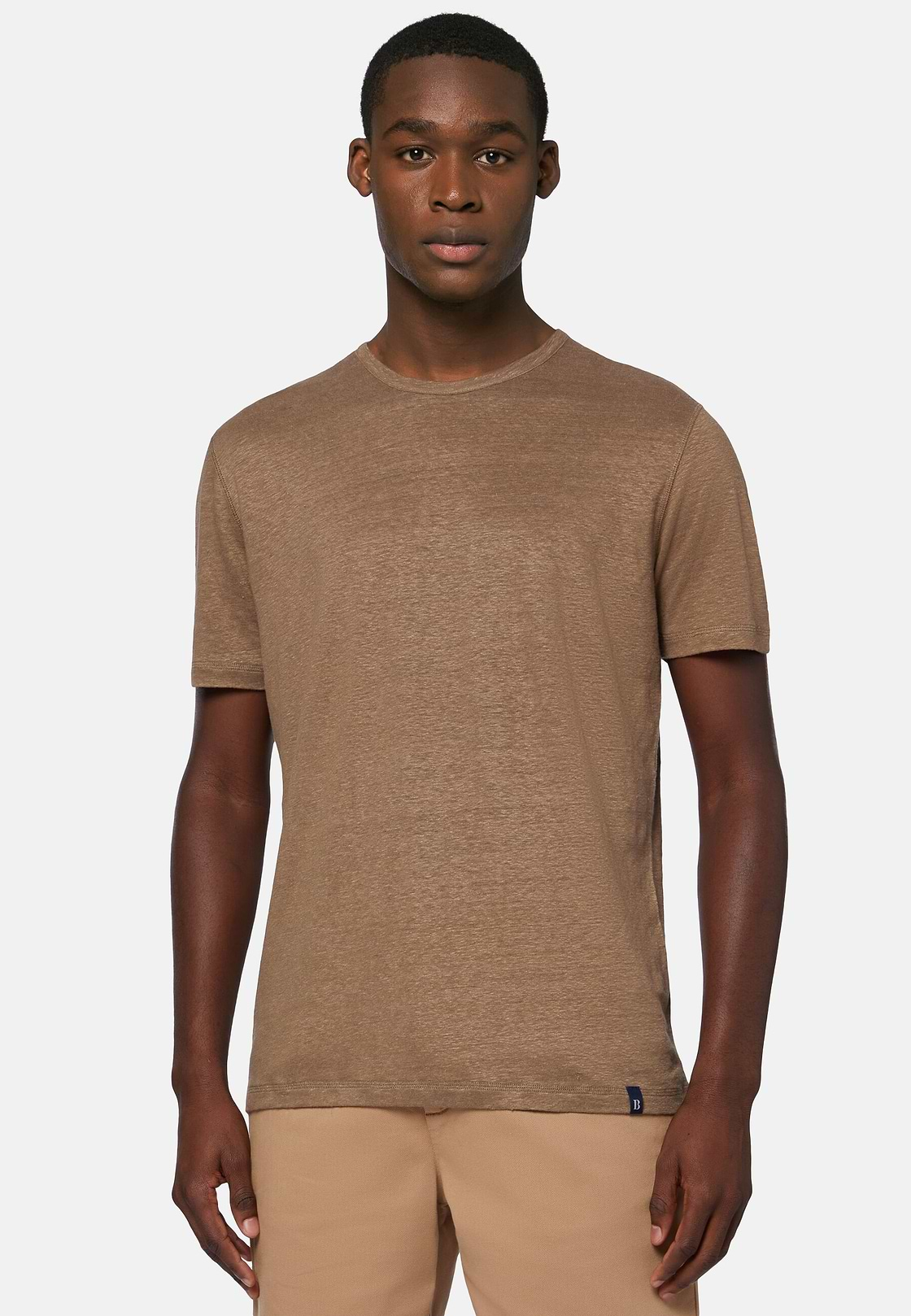 T-shirt em Jersey de Linho Elástico, Brown, hi-res