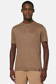 T-Shirt in Stretch Linen Jersey, Brown, hi-res