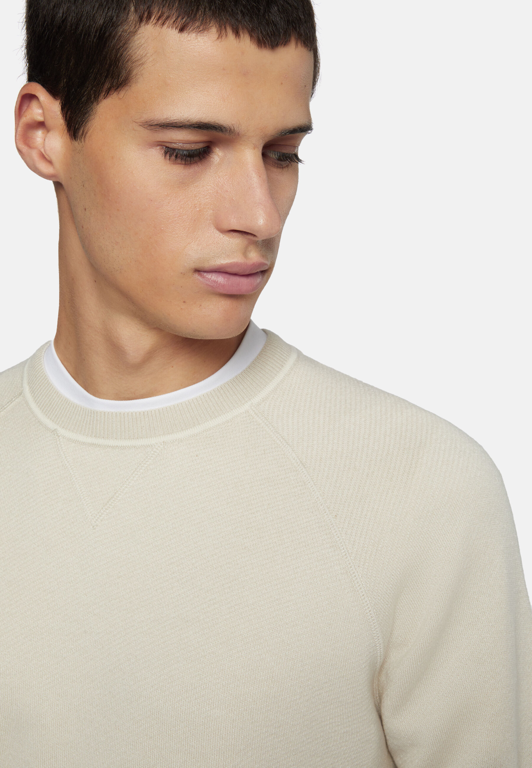 Sand Crew Neck Jumper in Cotton, Silk and Cashmere, Sand, hi-res