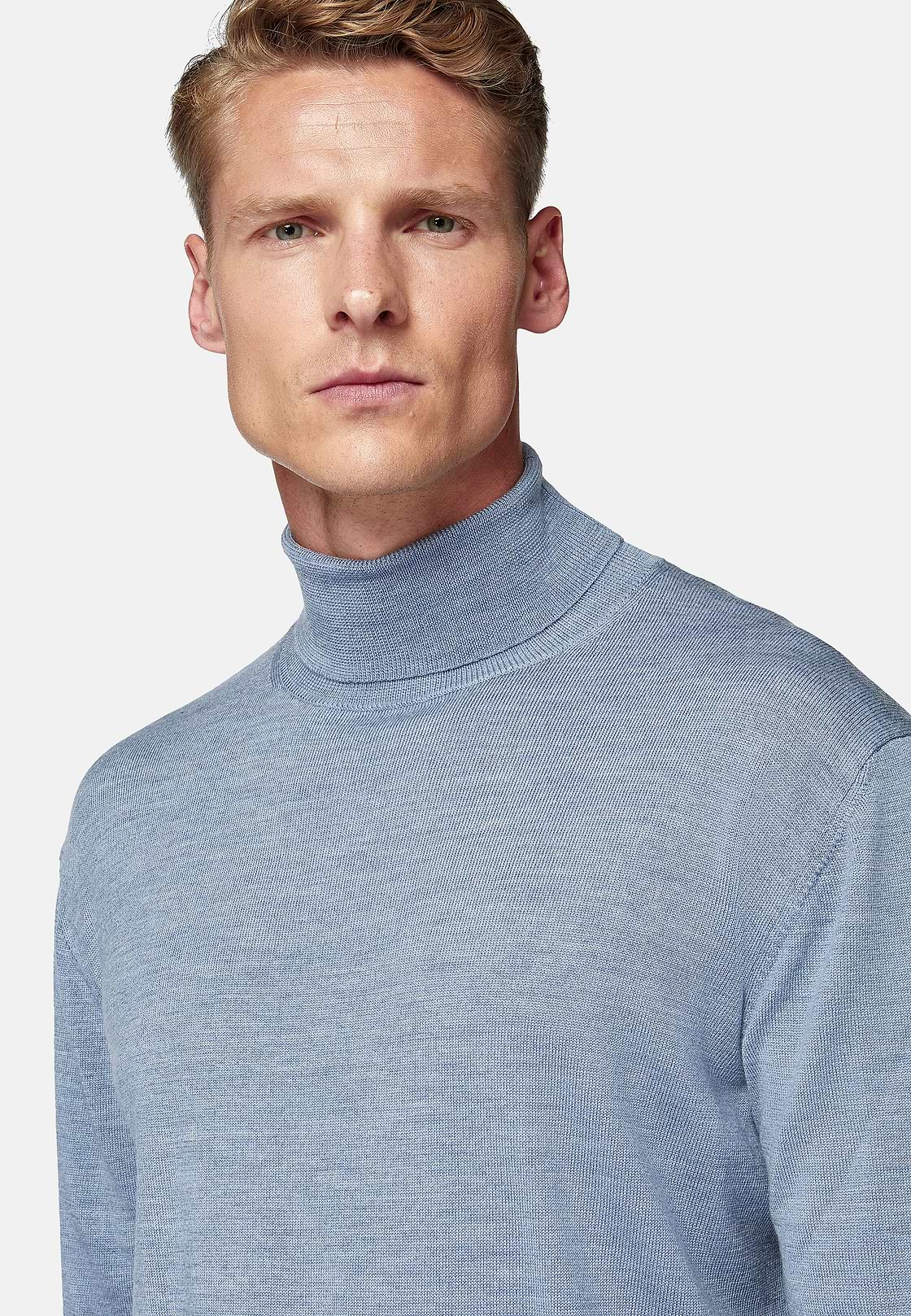 Sky Blue Merino Wool Polo Neck Jumper, Light Blue, hi-res