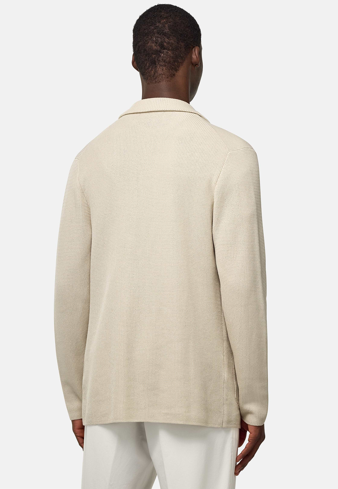 Double-Breasted Knitted Jacket in Cotton Crêpe, Sand, hi-res