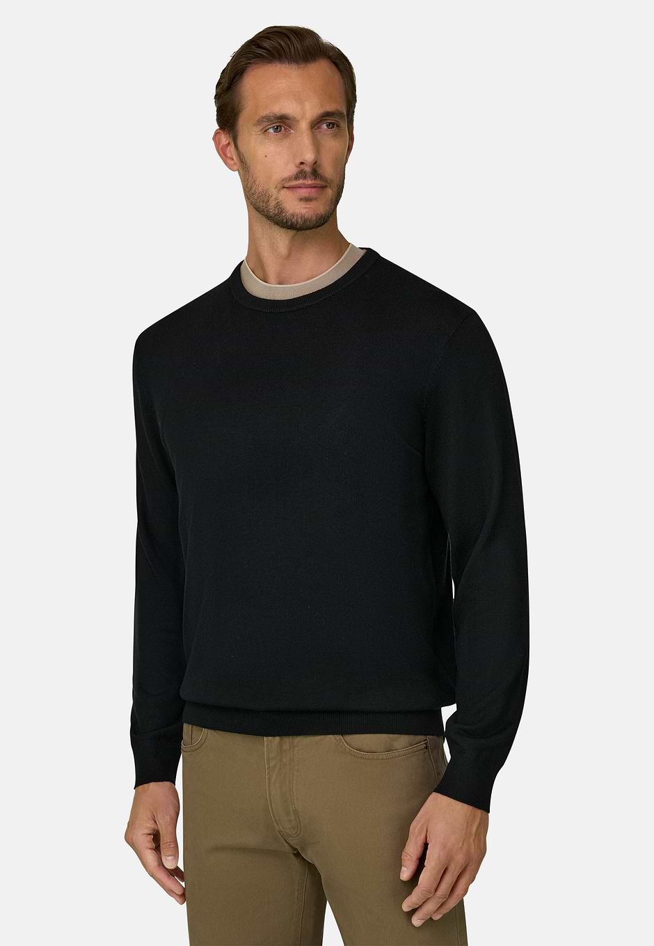 Crew Neck Jumper in Merino Wool, Black, hi-res