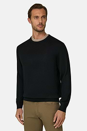 Crew Neck Jumper in Merino Wool, Black, thumb, 1