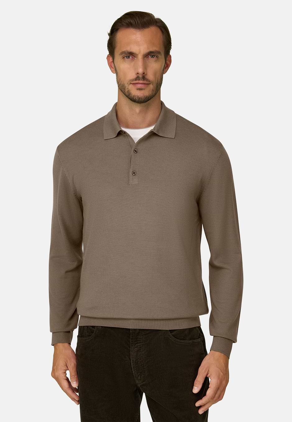 Knitted Polo Shirt in Merino Wool, Taupe, hi-res