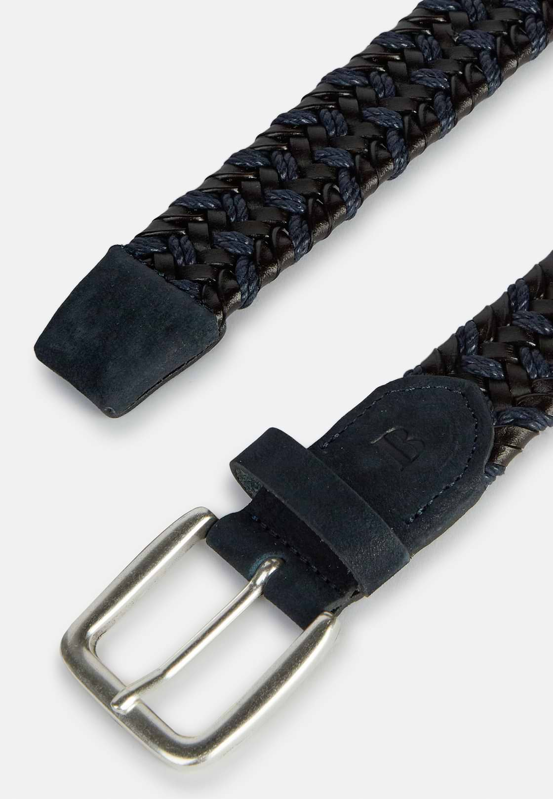 Stretch Leather/Fabric Woven Belt, Navy blue, hi-res