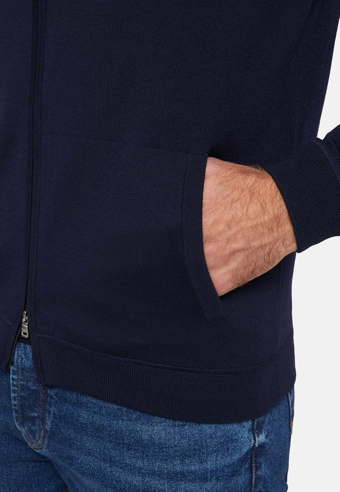 Navyblauer Kapuzenpullover Mit Durchgehendem Reißverschluss Aus Merinowolle, Navy blau, hi-res