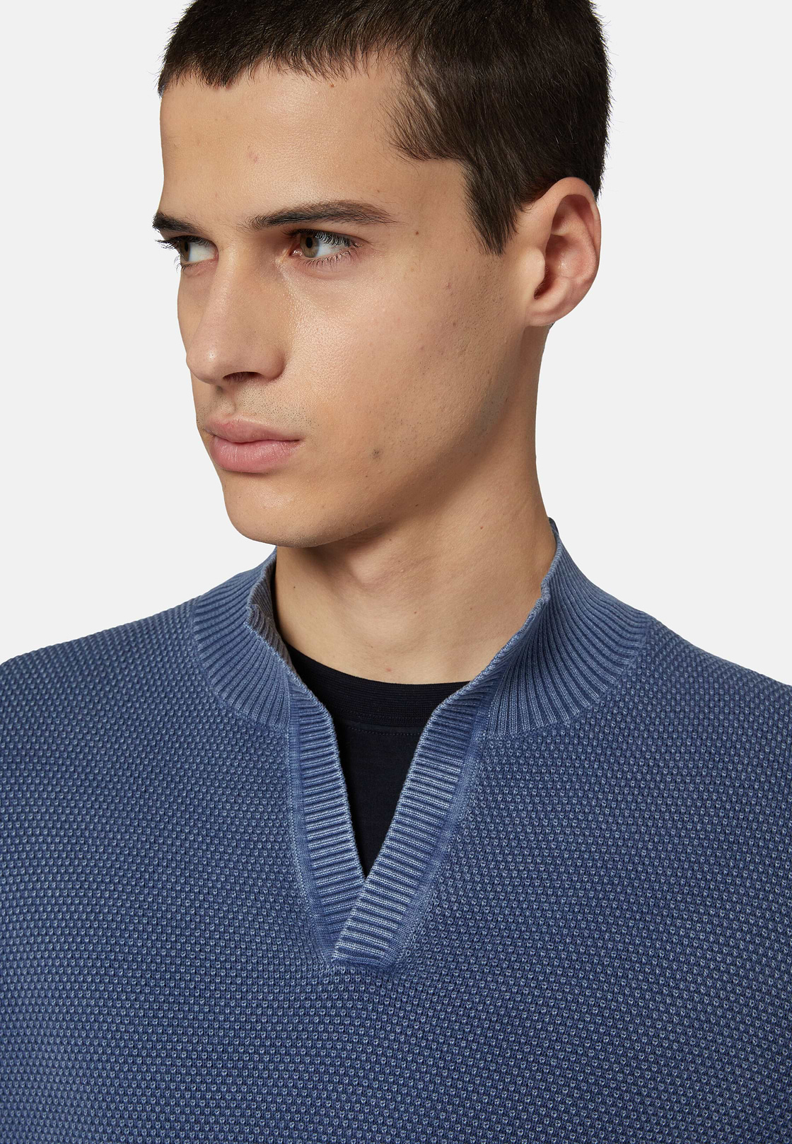 Cotton Stitching Mock Neck 12Gg, Indigo, hi-res