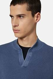 Cotton Stitching Mock Neck 12Gg, Indigo, hi-res