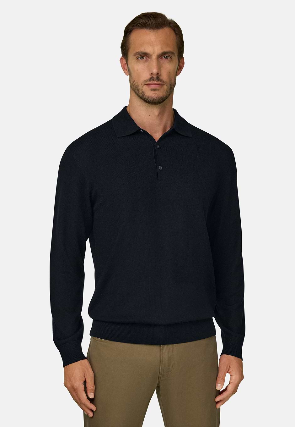 Knitted Polo Shirt in Merino Wool, Black, hi-res