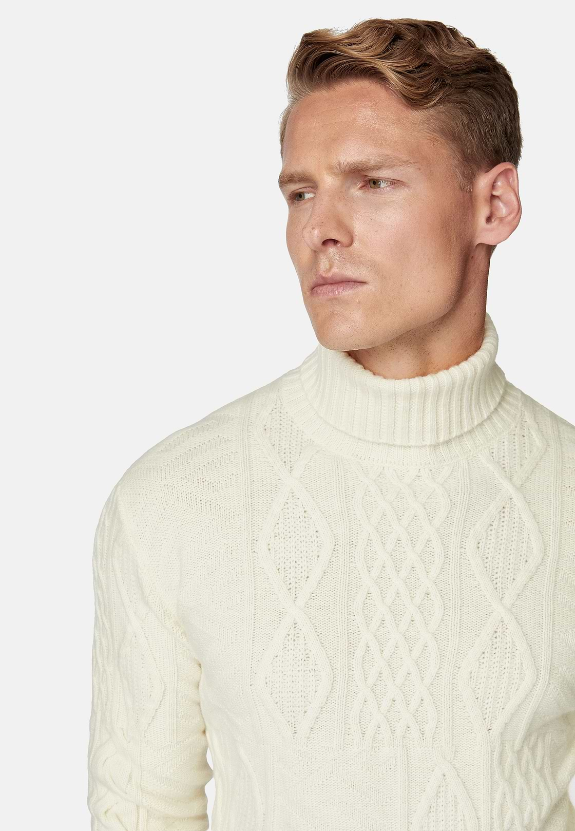 White Mixed Knit Polo Neck Jumper In Merino Wool, White, hi-res