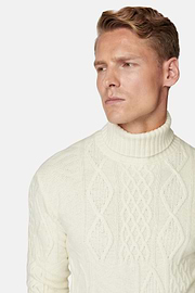 White Mixed Knit Polo Neck Jumper In Merino Wool, White, hi-res