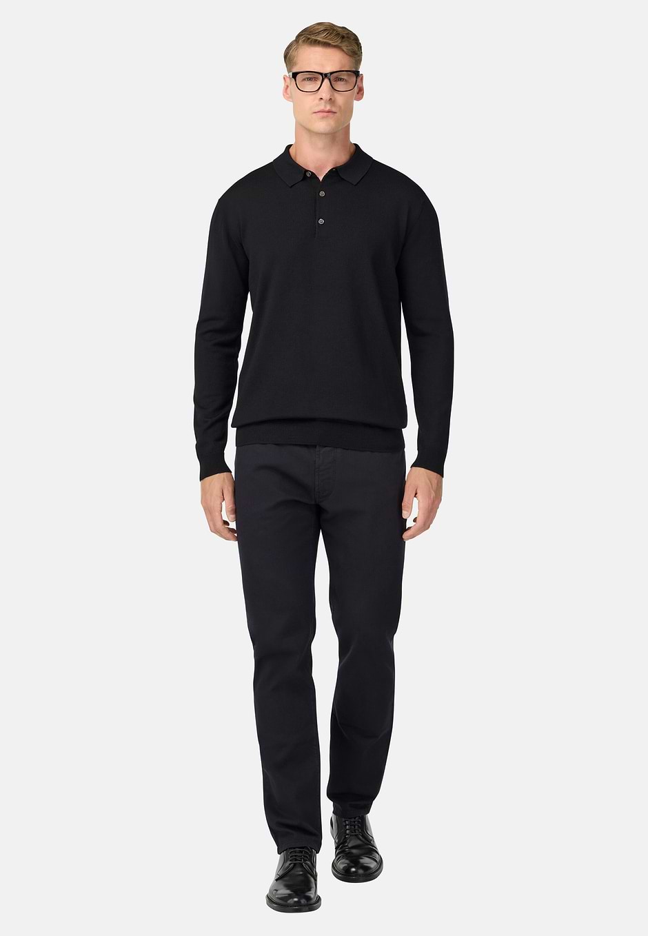 Knitted Merino Polo Shirt, Black, hi-res