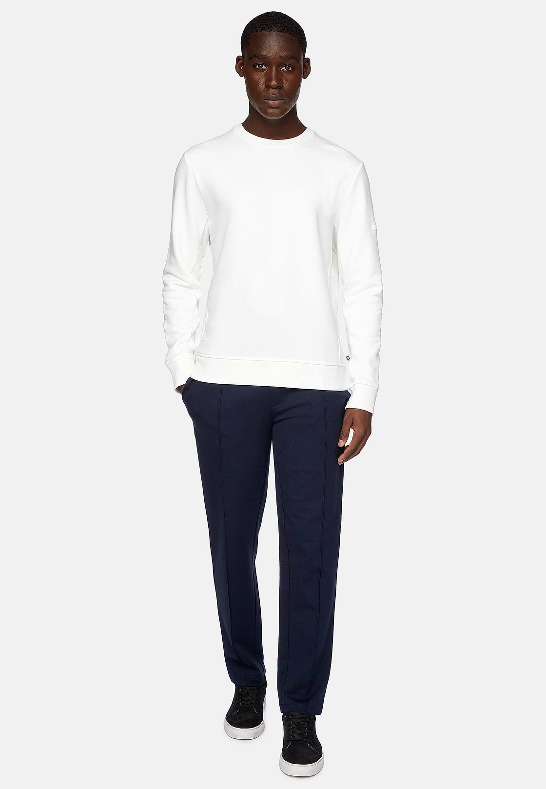 Cotton Mixed Crew Neck Sweater, White, hi-res