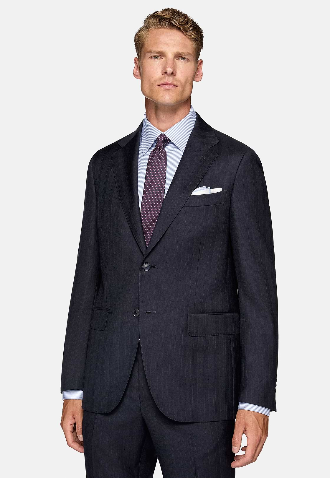 Navy Blue Pinstripe Suit In Pure Wool, Navy blue, hi-res