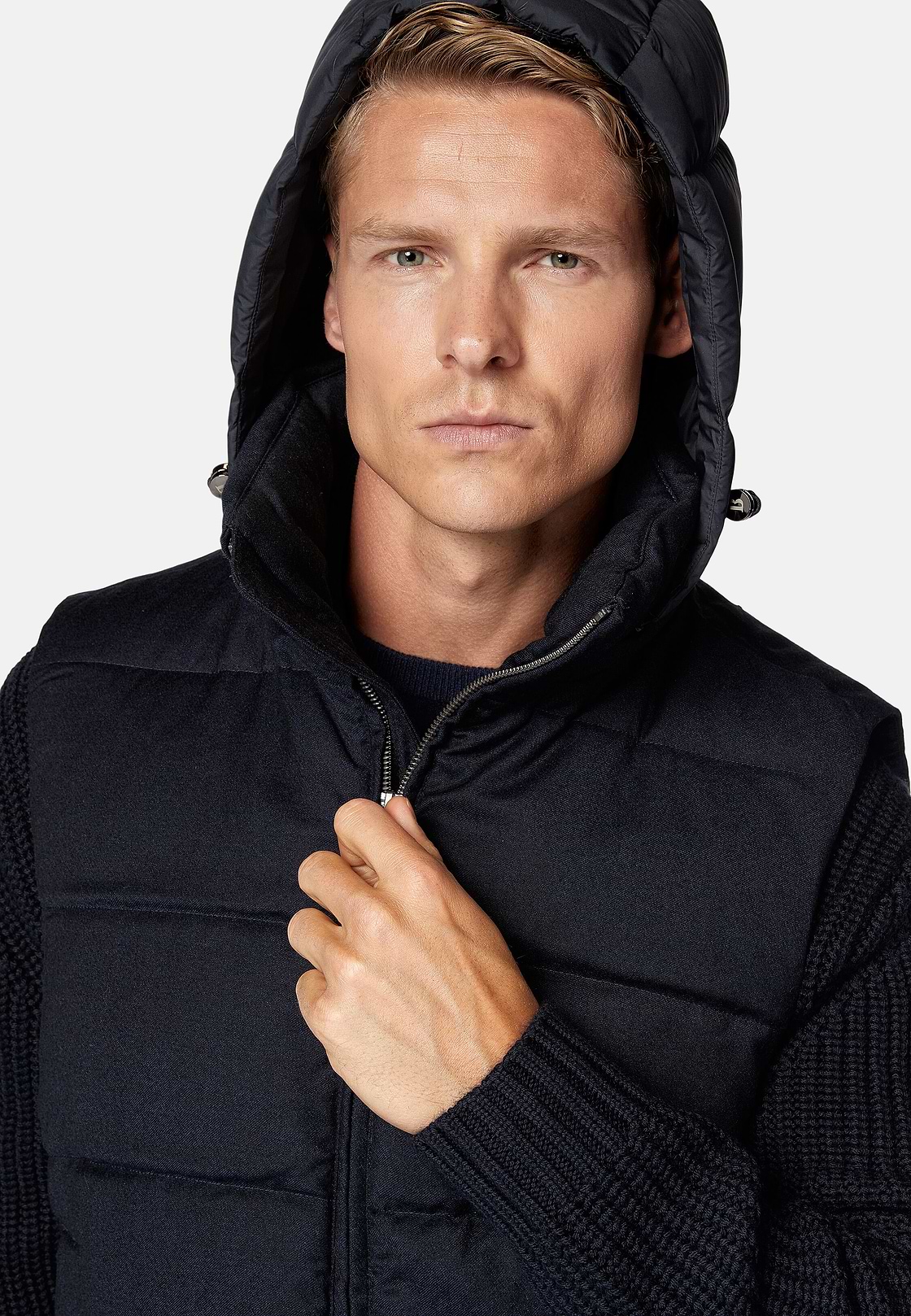 Gilet In Flanella Imbottito In Piuma Con Cappuccio, Navy, hi-res