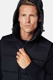 Gilet In Flanella Imbottito In Piuma Con Cappuccio, Navy, hi-res