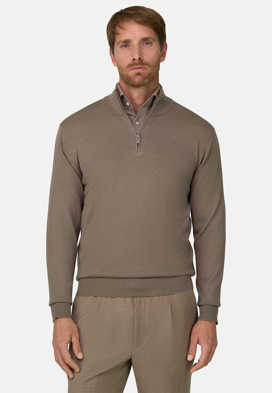Jersey con Media Cremallera en Lana Merino, Taupe, hi-res