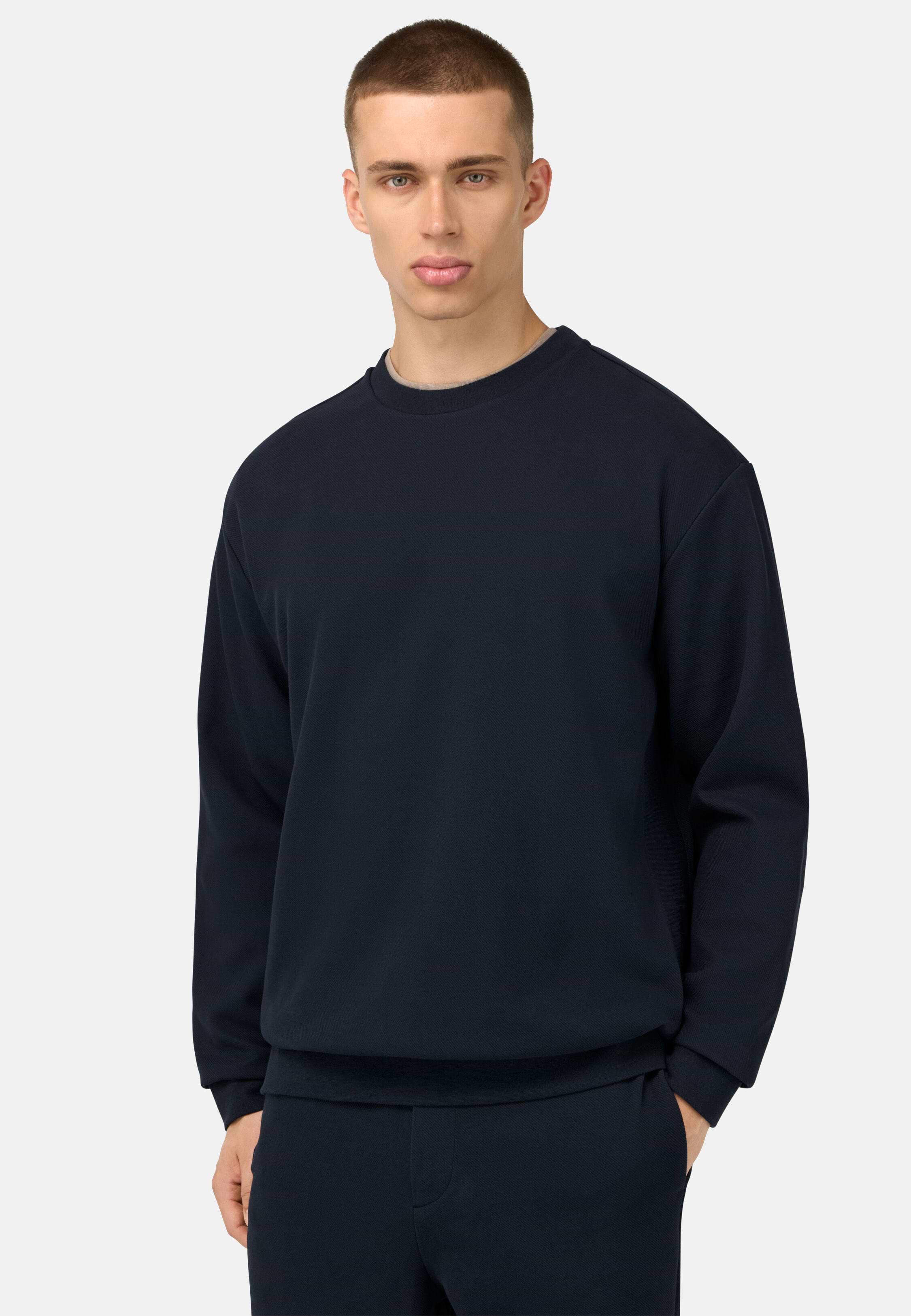 Men's Crew Neck Cotton Blend Sweatshirt, Navy blue | Boggi Milano
