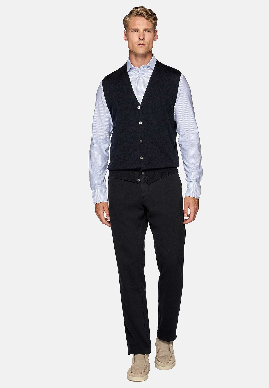 Navy Merino Wool Knitted Waistcoat, Navy blue, hi-res