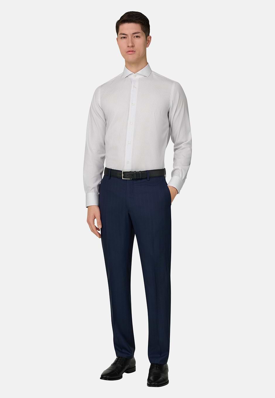 Camisa De Rayas De Algodón Slim Fit, Azul, hi-res