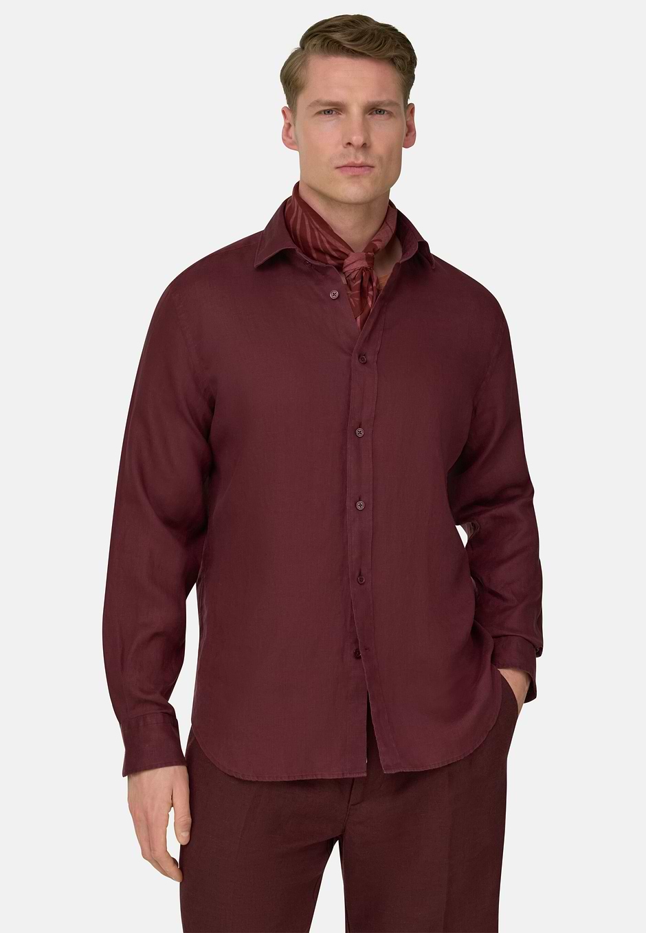 Camisa De Lino Regular Fit, Burgundy, hi-res