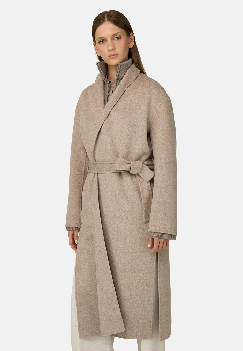 Coat in Wool Cashmere Single-Breasted, Sand, hi-res