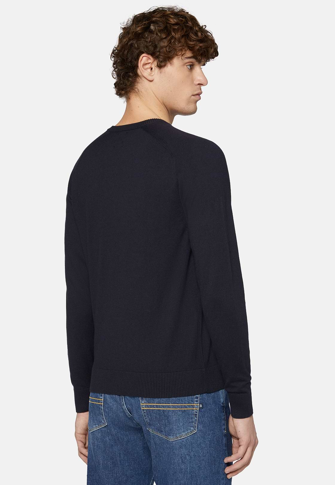 Navy Crew Neck Jumper in Cotton, Silk and Cashmere, Navy blue, hi-res