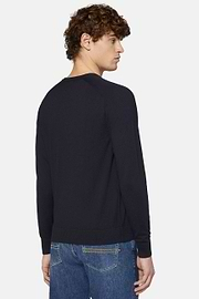 Navy Crew Neck Jumper in Cotton, Silk and Cashmere, Navy blue, hi-res