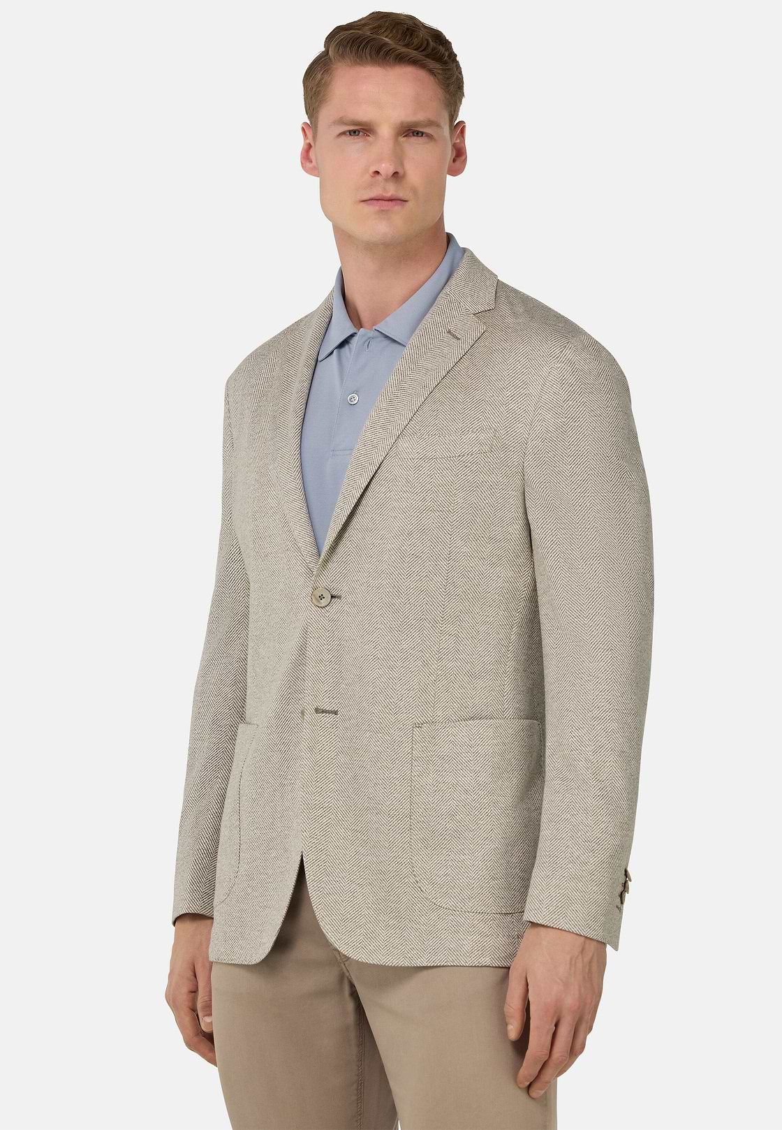 B Jersey Linen and Cotton Herringbone Jacket, Taupe, hi-res