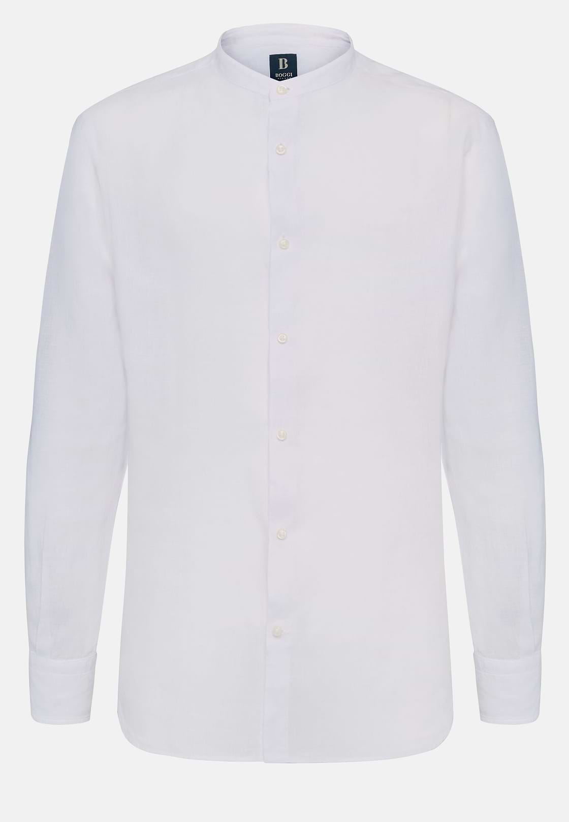 Linen Korean Collar Shirt Regular Fit, White, hi-res