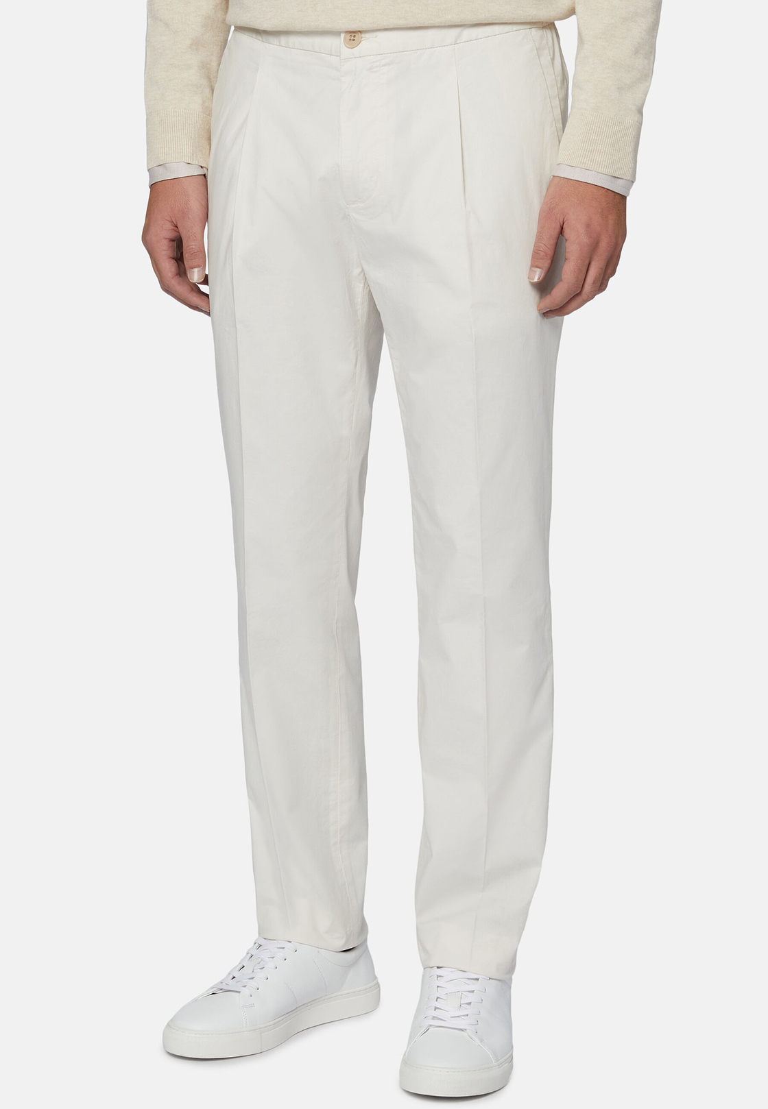 Pantalone in Cotone Elasticizzato con Pinces, Bianco, hi-res