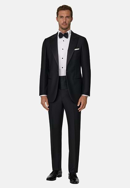 Black Wool Tuxedo Jacket with Peak Lapels, Black, hi-res