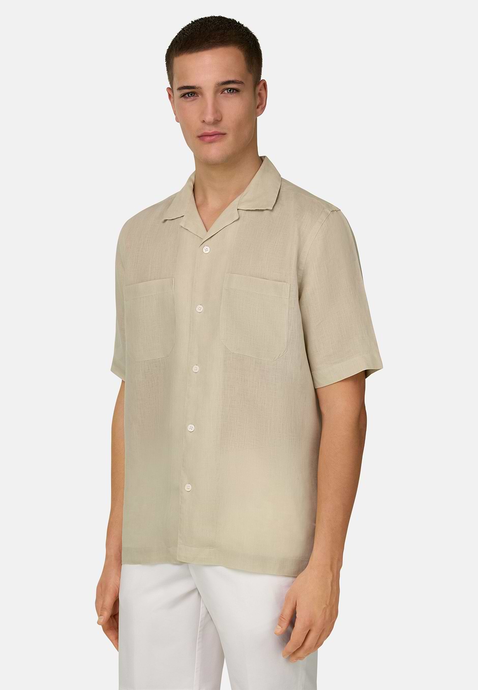 Camisa De Lino Regular Fit, Beige, hi-res