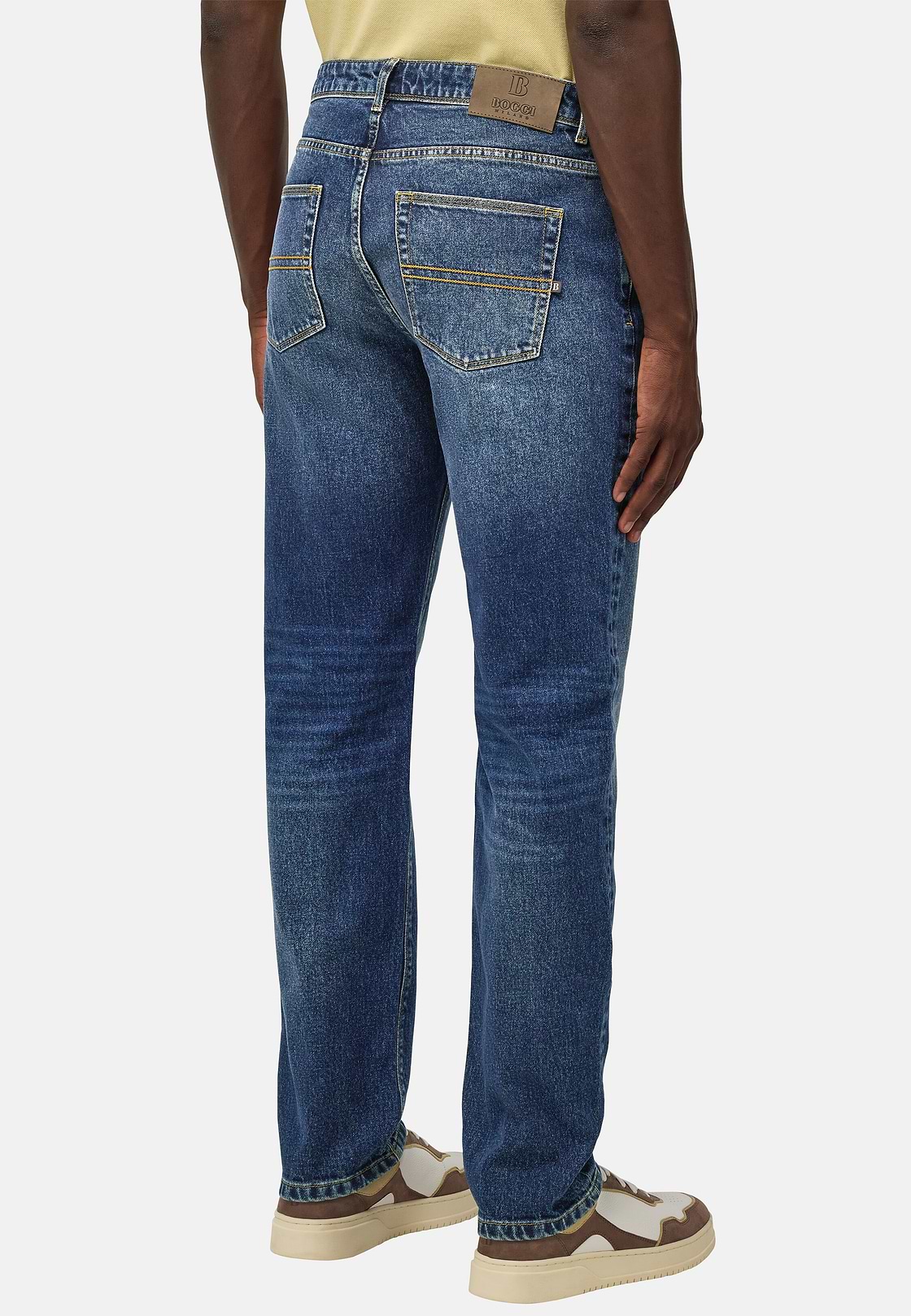 Jean En Denim Extensible Bleu À Délavage Moyen, Bleu, hi-res