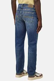 Jean En Denim Extensible Bleu À Délavage Moyen, Bleu, hi-res