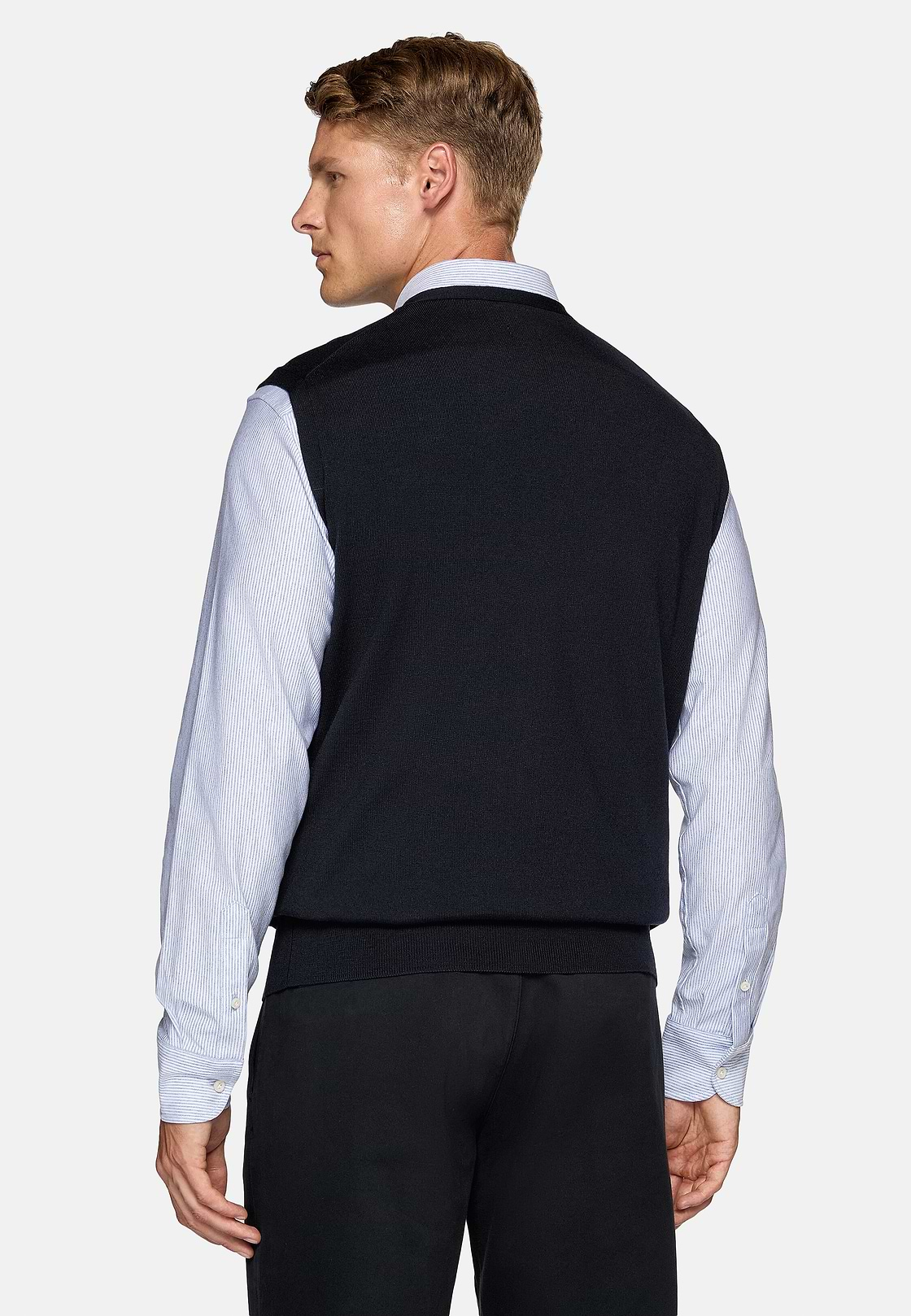 Navy Merino Wool Knitted Waistcoat, Navy blue, hi-res