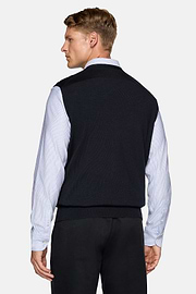 Navy Merino Wool Knitted Waistcoat, Navy blue, hi-res