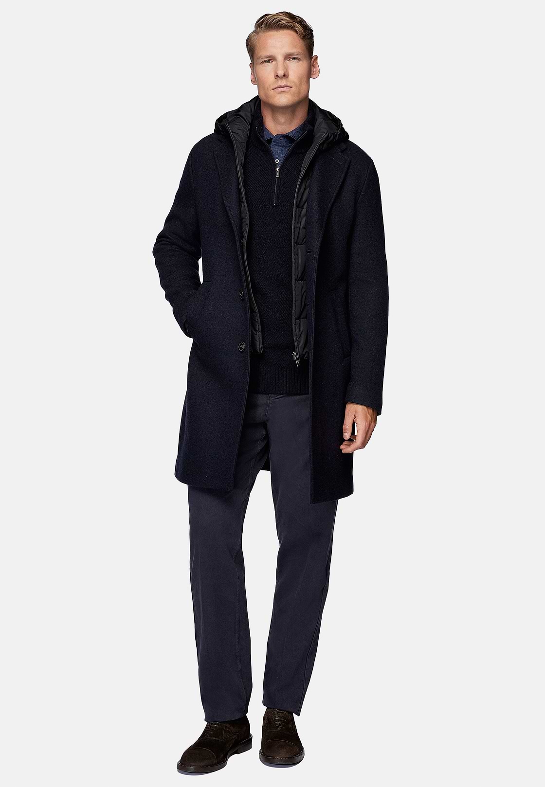 Manteau En Jersey De Laine Avec Plastron, bleu marine, hi-res